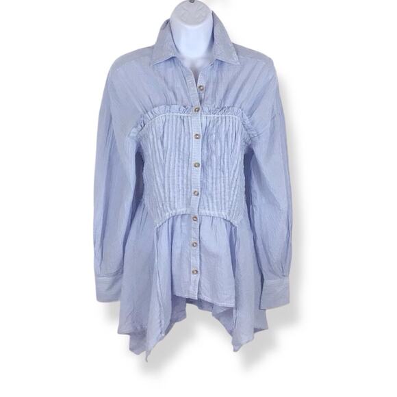 PILCRO Smocked Blue & White Pinstripe Long Sleeve Ruffled Top size XXS - Picture 1 of 4